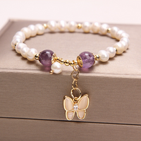 Butterfly Pearl Bracelet With Purple Beads