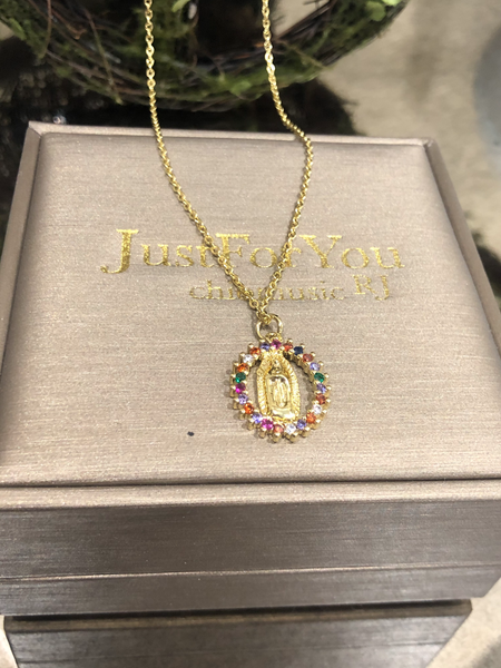 Virgen De Guadalupe Multi Color Stone Necklace With Gold Box Quince Collection