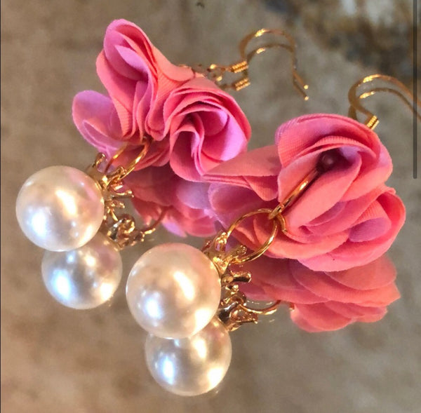 Pink Flowered Earrings With Pearl