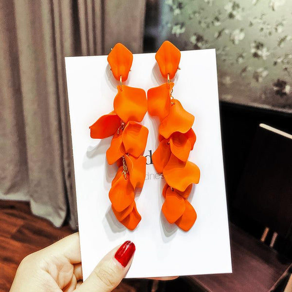 ORANGE Bohemian Colorful Rose Petal Earrings Fashion Long Tassel Earrings Silver Needles Drop Earrings