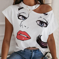 Funny Face Red Lips Woman Sexy Cold Shoulder White Shirt