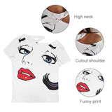 Funny Face Red Lips Woman Sexy Cold Shoulder White Shirt