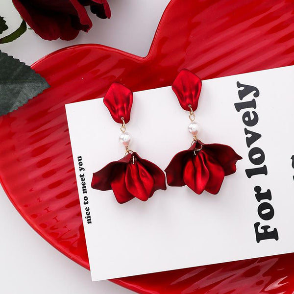 Red Rose Petals With Pearl Bohemian Colorful Rose Petal Earrings Fashion Show Model Long Tassel Earrings Silver Needles Drop Earrings