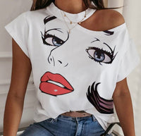 Funny Face Red Lips Woman Sexy Cold Shoulder White Shirt