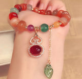 Natural Agate Gemstone Bracelet With Dangling Red Stone Charm